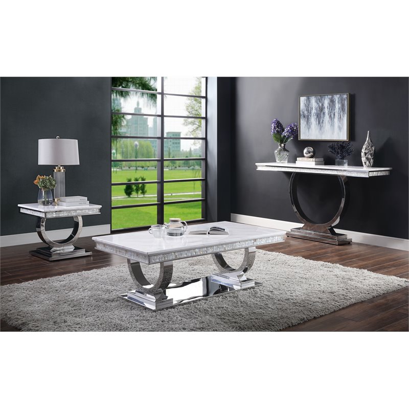 ACME Zander Coffee Table in White Printed Faux Marble and Mirrored Silver Finish