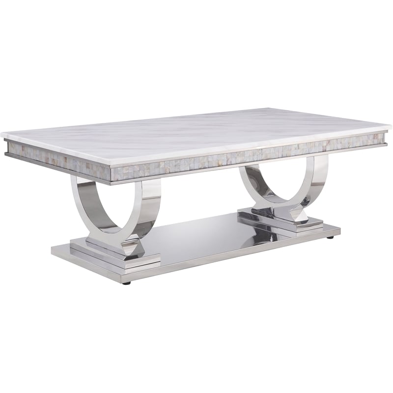 ACME Zander Coffee Table in White Printed Faux Marble and Mirrored Silver Finish