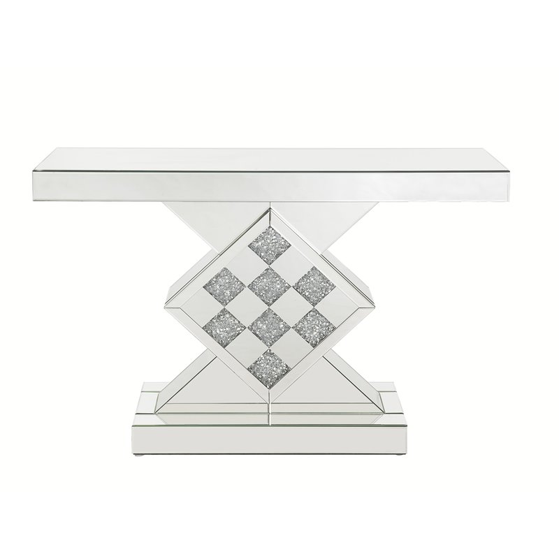 ACME Noralie Rectangular Console Table in Mirrored and Faux Diamonds
