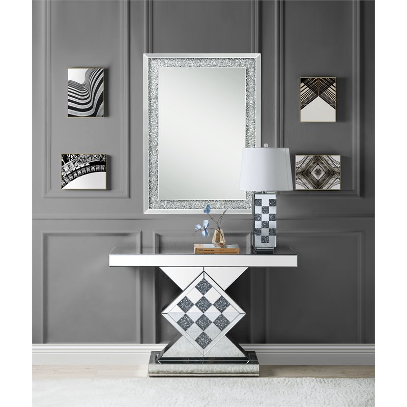 ACME Noralie Rectangular Console Table in Mirrored and Faux Diamonds