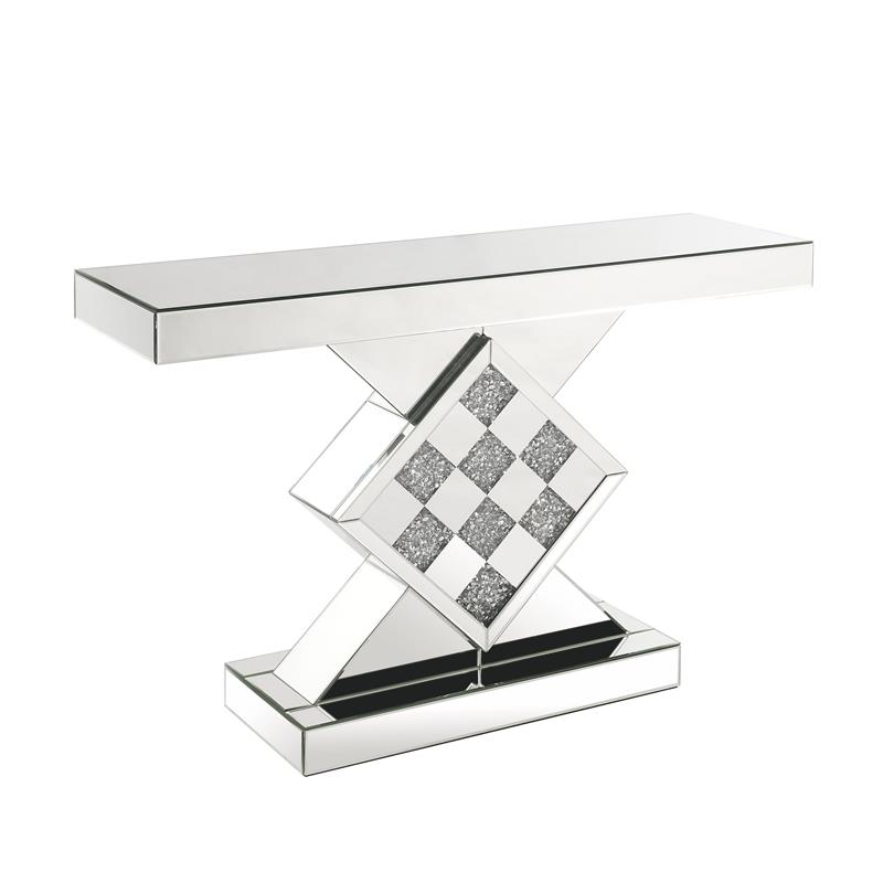 ACME Noralie Rectangular Console Table in Mirrored and Faux Diamonds