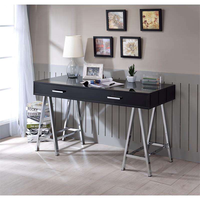 ACME Coleen Wooden Top Writing Desk with USB Port in Black High Gloss and Chrome
