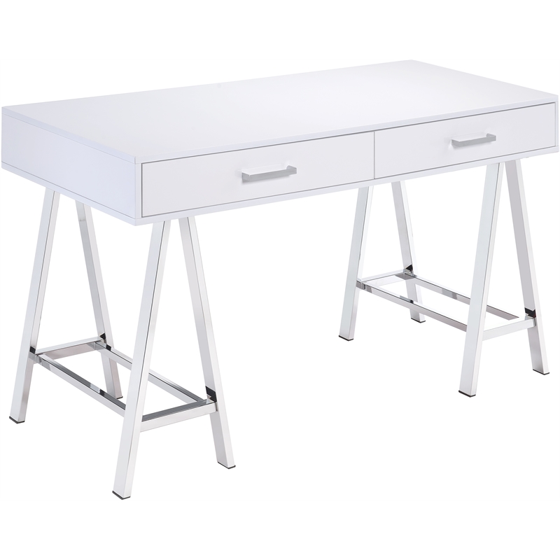 ACME Coleen Wooden Top Writing Desk with USB Port in White High Gloss and Chrome