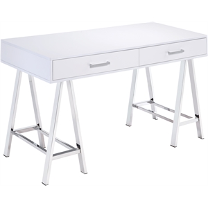 ACME Coleen Wooden Top Writing Desk with USB Port in White High Gloss and Chrome
