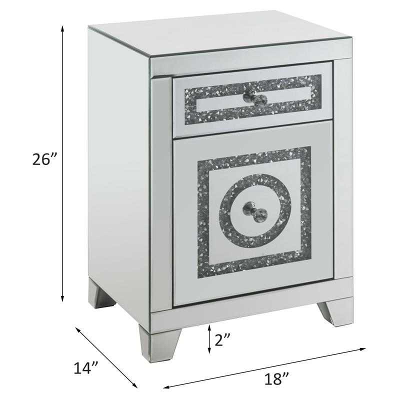 ACME Noralie Glass Accent Table with 2-Drawer in Mirrored and Faux Diamonds