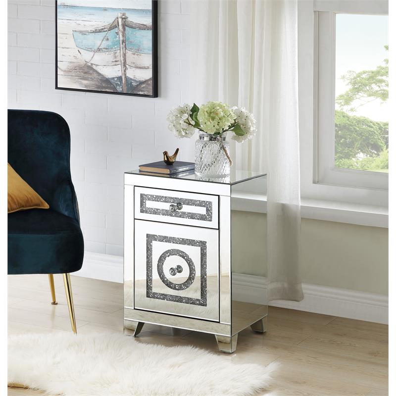 ACME Noralie Glass Accent Table with 2-Drawer in Mirrored and Faux Diamonds
