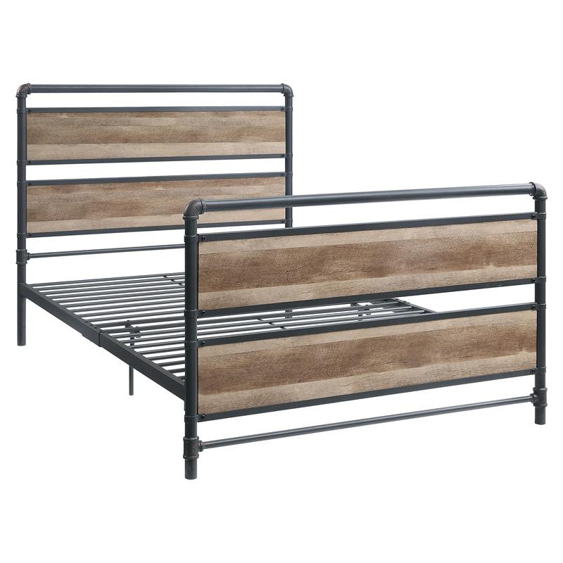 ACME Brantley Metal Full Bed with Wooden Headboard in Antique Oak and Sandy Gray