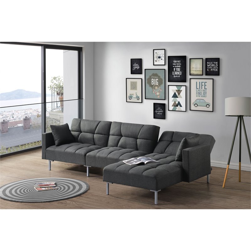 ACME Duzzy Reversible Sectional Sofa with 2 Pillows in Dark Gray Fabric