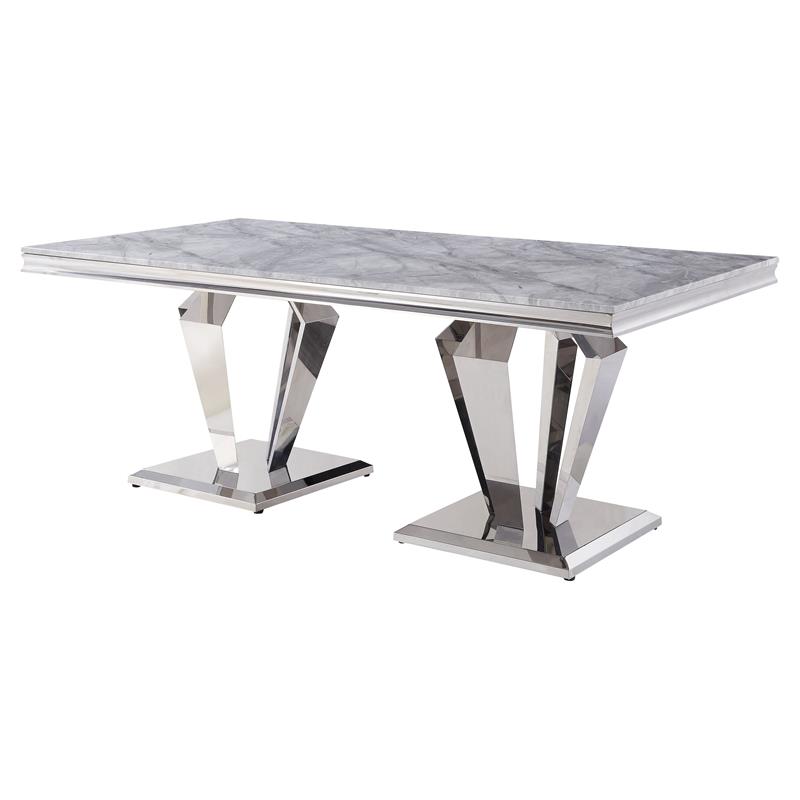 ACME Satinka Stainless Steel Base Dining Table in Light Gray and Mirrored Silver