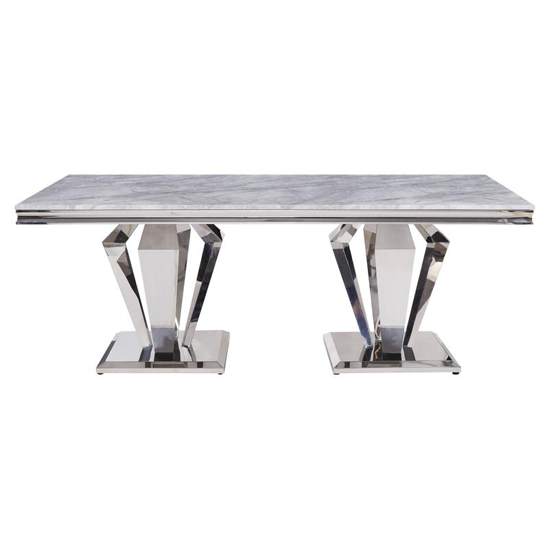 ACME Satinka Stainless Steel Base Dining Table in Light Gray and Mirrored Silver