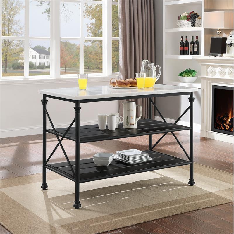 ACME Brahm Artificial Stone Top Metal Kitchen Island in White and Gray