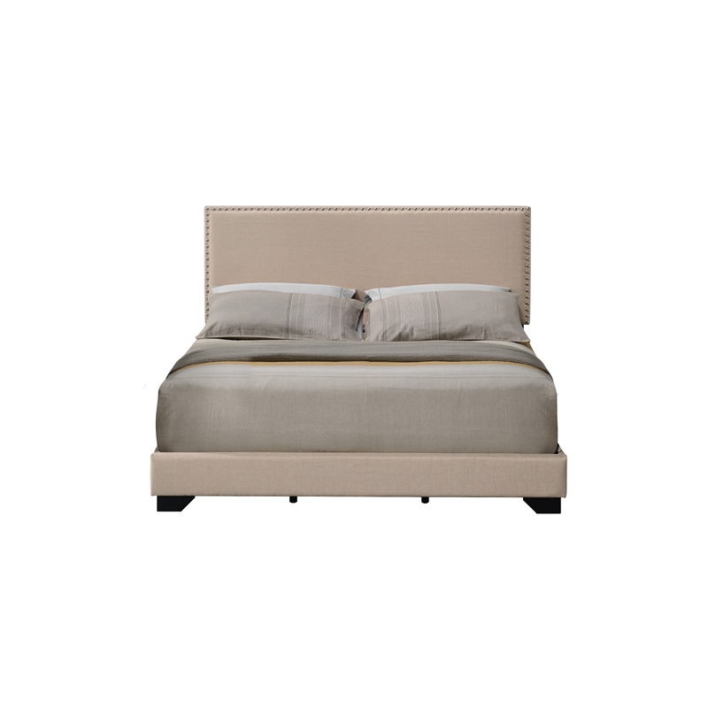 ACME Leandros Fabric Upholstered Queen Panel Bed with Nailhead Trim in Beige