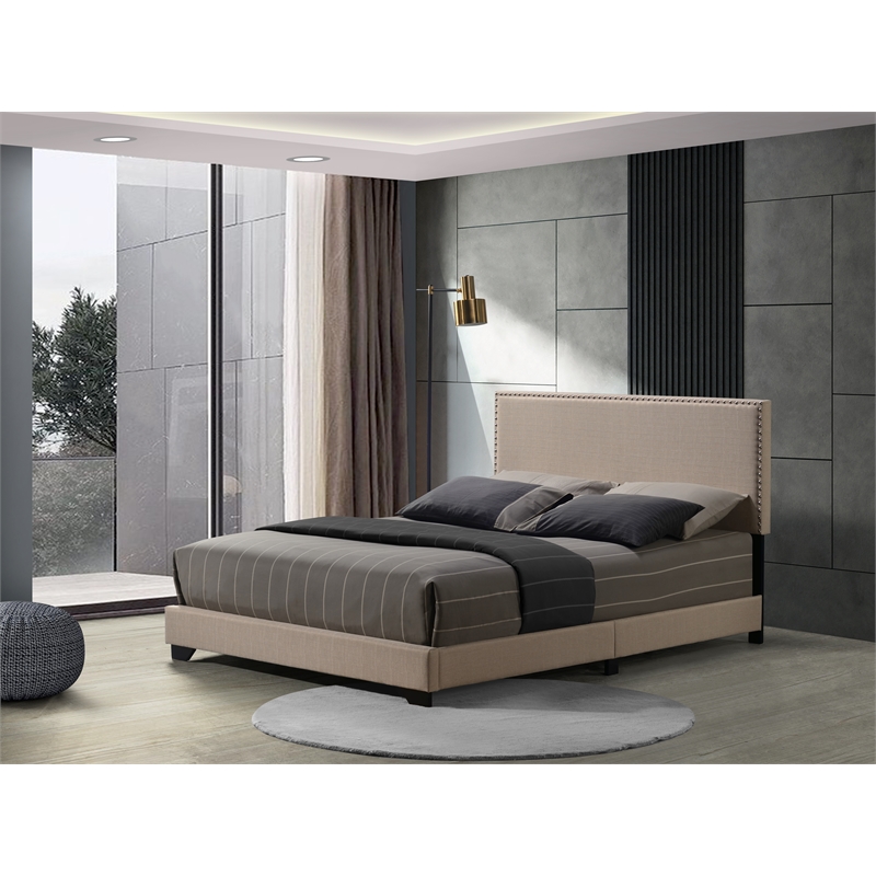 ACME Leandros Fabric Upholstered Queen Panel Bed with Nailhead Trim in Beige