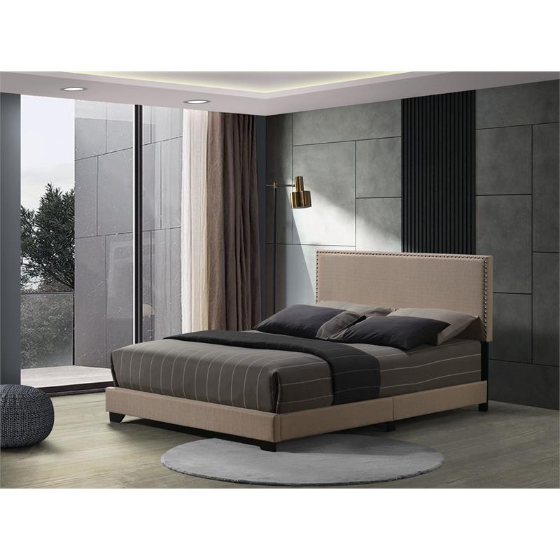 ACME Leandros Fabric Upholstered Queen Panel Bed with Nailhead Trim in Beige