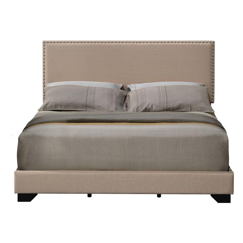 ACME Leandros Fabric Upholstered Queen Panel Bed with Nailhead Trim in Beige