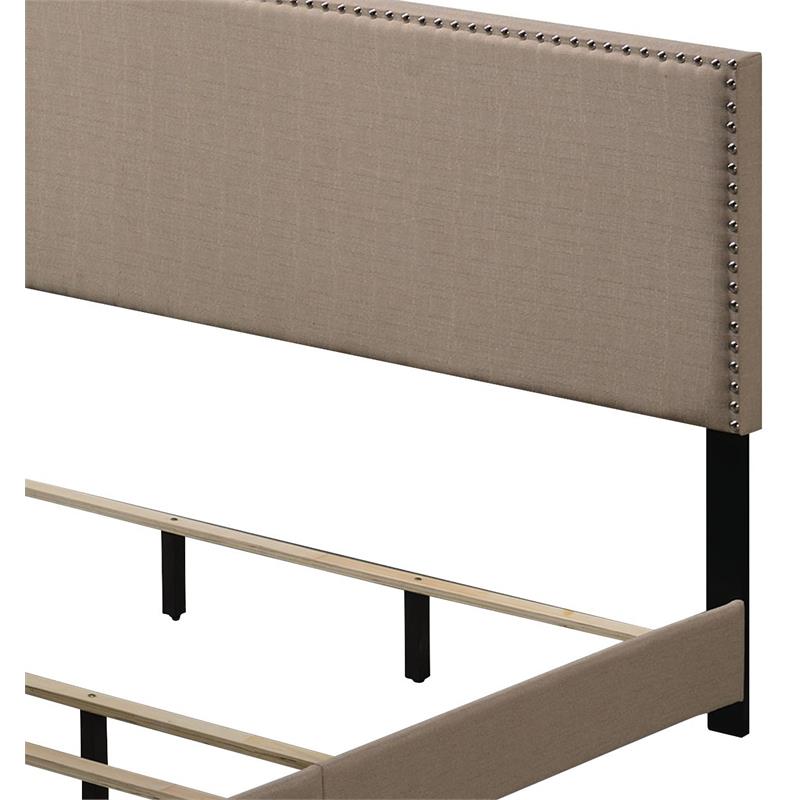 ACME Leandros Fabric Upholstered Queen Panel Bed with Nailhead Trim in Beige