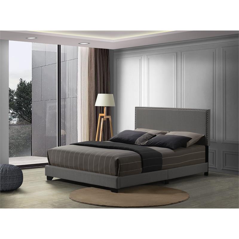 ACME Leandros Fabric Upholstered Queen Bed with Nailhead Trim in Light Gray