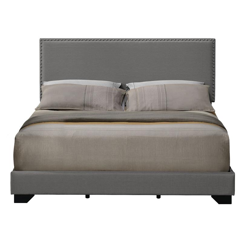 ACME Leandros Fabric Upholstered Queen Bed with Nailhead Trim in Light Gray