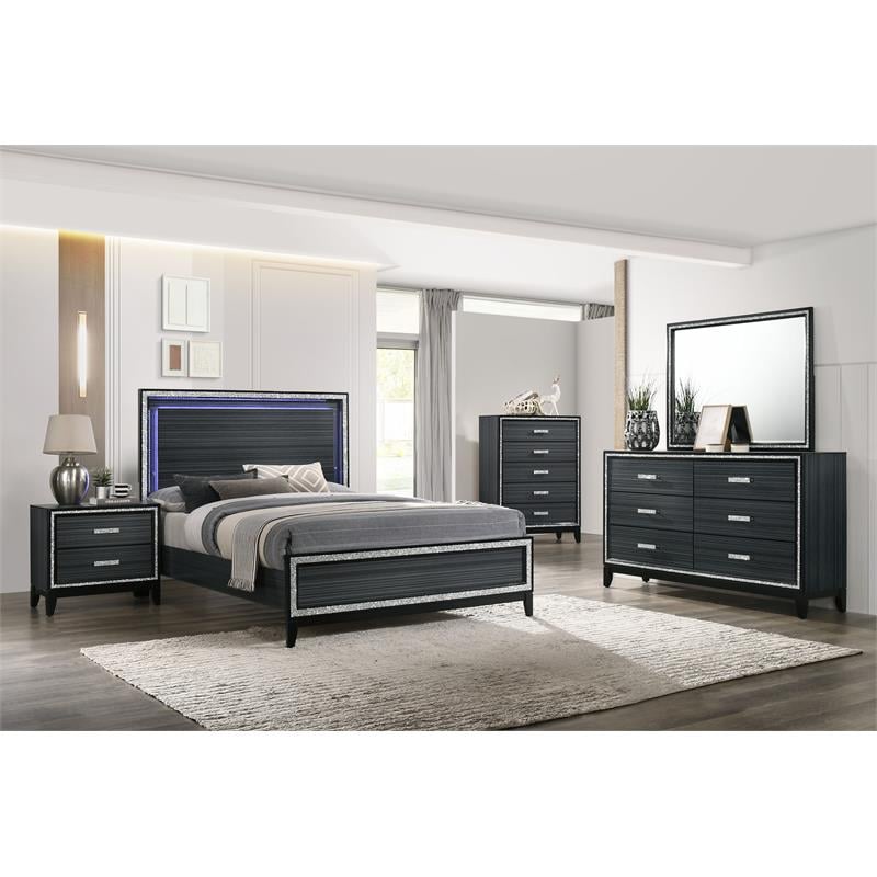 ACME Haiden Wooden Eastern King Bed with LED Lighting in Weathered Black