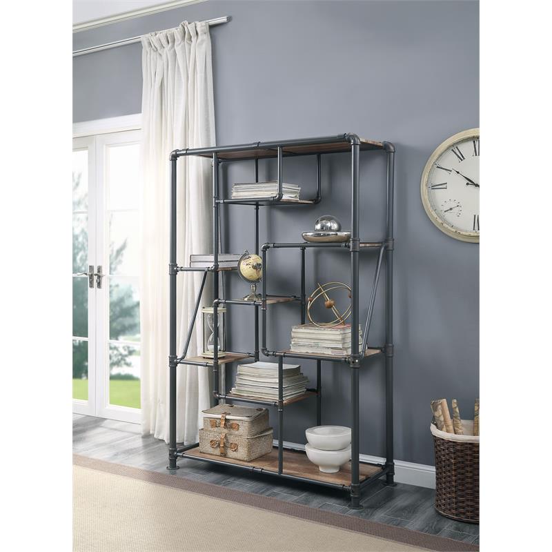 ACME Brantley Rectangular Metal Bookshelf in Antique Oak and Sandy Gray