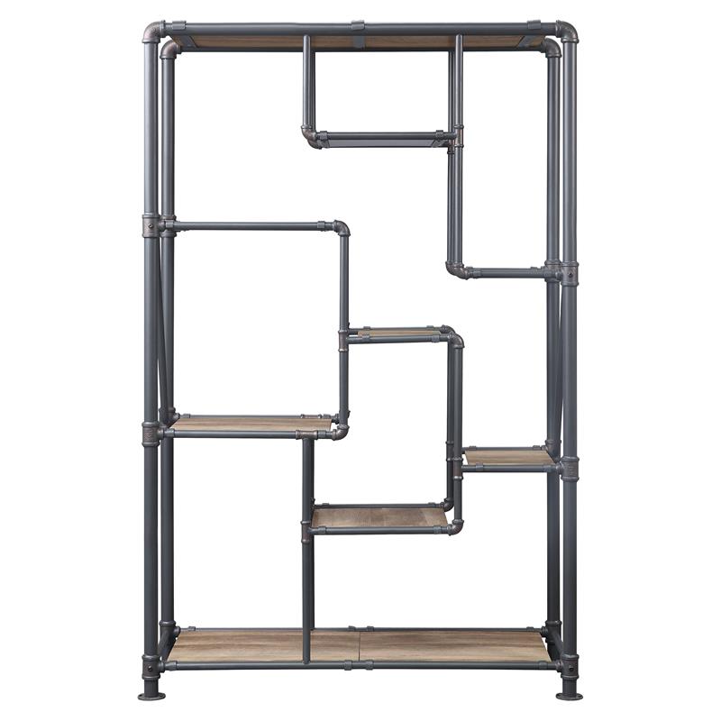 ACME Brantley Rectangular Metal Bookshelf in Antique Oak and Sandy Gray