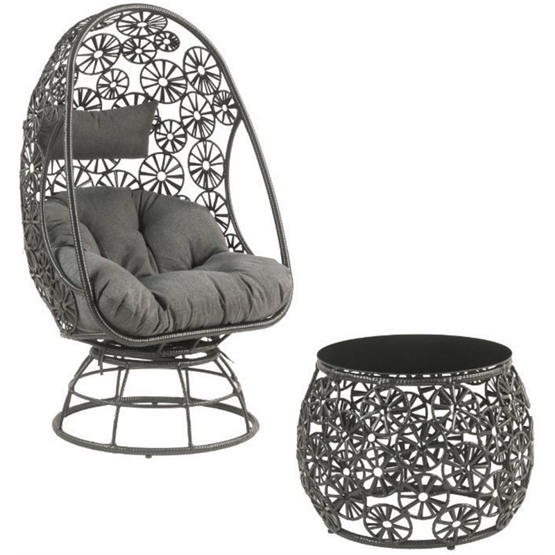 ACME Hikre Wicker Patio Lounge Chair and Side Table in Charcoal and Black