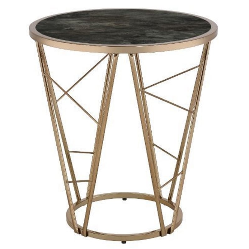ACME Cicatrix Round Faux Marble Top End Table in Black and Champagne