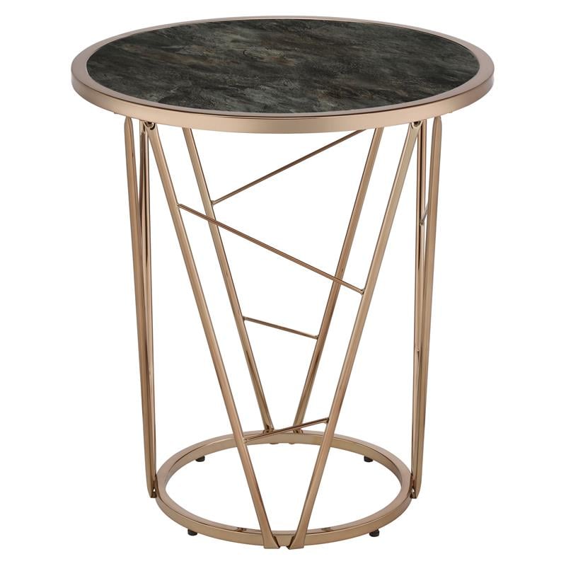 ACME Cicatrix Round Faux Marble Top End Table in Black and Champagne