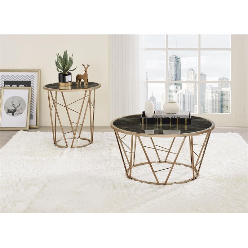 ACME Cicatrix Round Faux Marble Top End Table in Black and Champagne