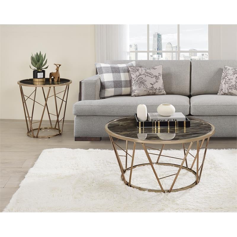 ACME Cicatrix Round Faux Marble Top End Table in Black and Champagne