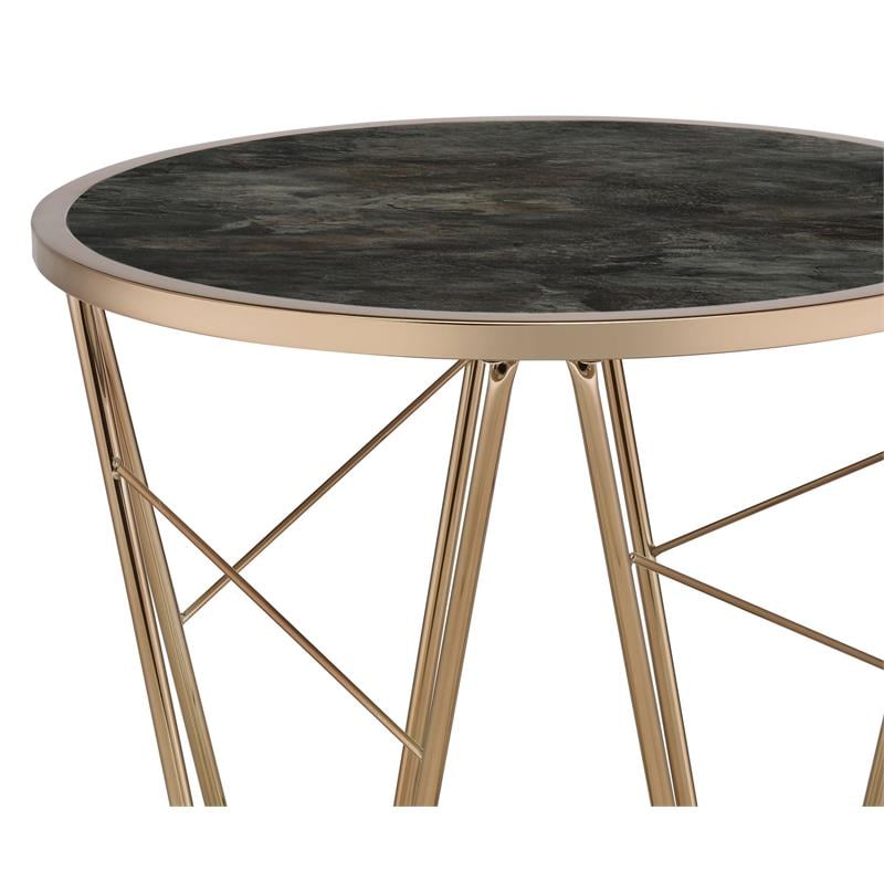 ACME Cicatrix Round Faux Marble Top End Table in Black and Champagne