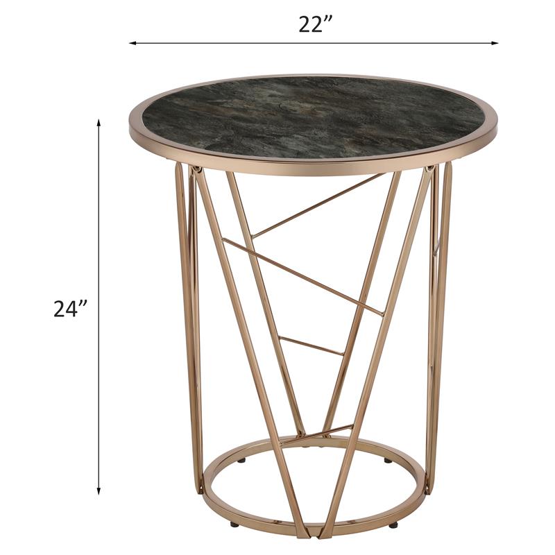ACME Cicatrix Round Faux Marble Top End Table in Black and Champagne