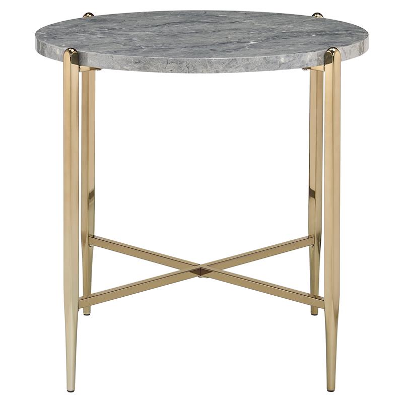 acme tainte round faux marble top end table in gray and champagne