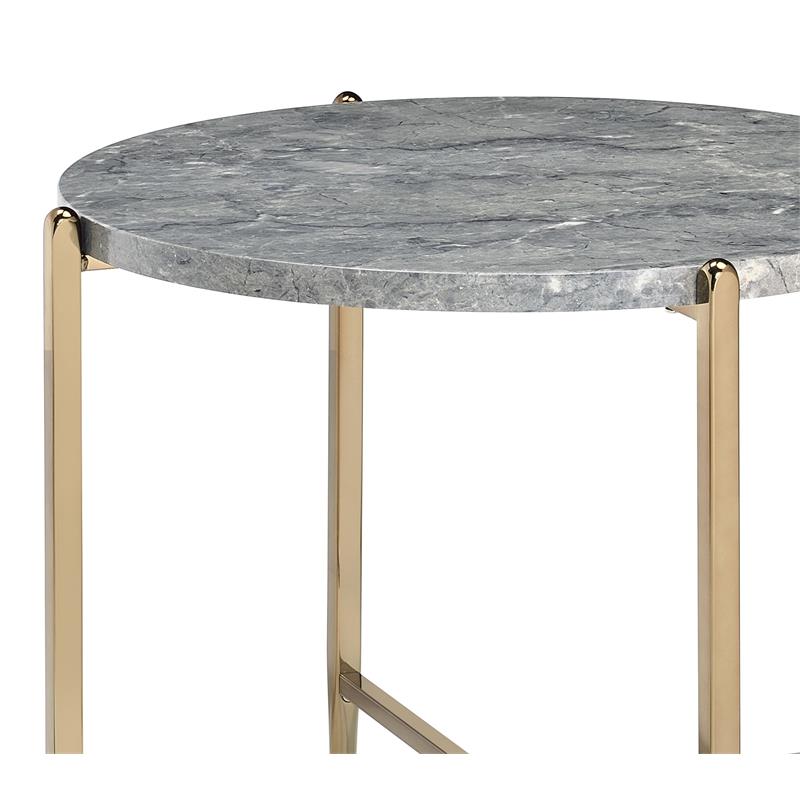 acme tainte round faux marble top end table in gray and champagne