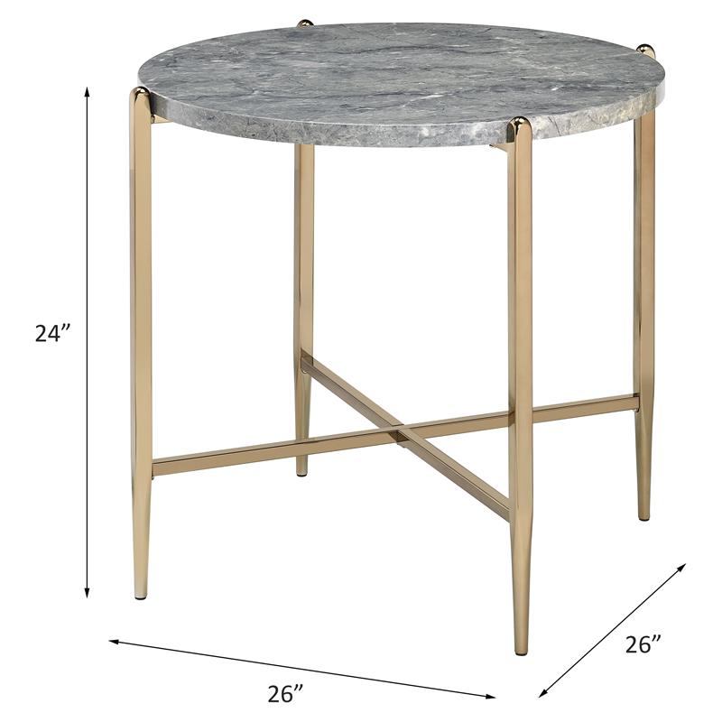 acme tainte round faux marble top end table in gray and champagne