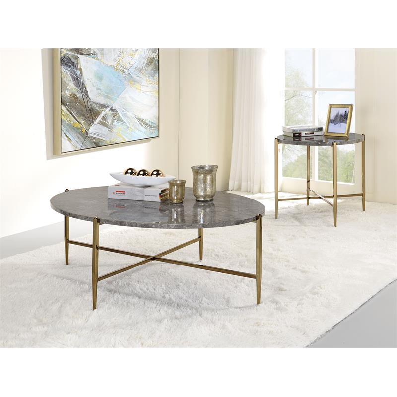 acme tainte round faux marble top end table in gray and champagne