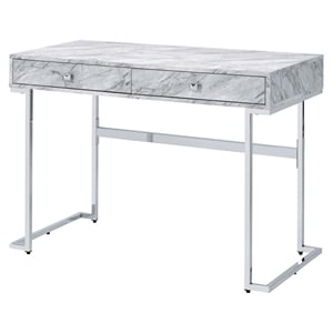 ACME Tigress Faux Marble Top Writing Desk with 2 Drawers in White and Chrome