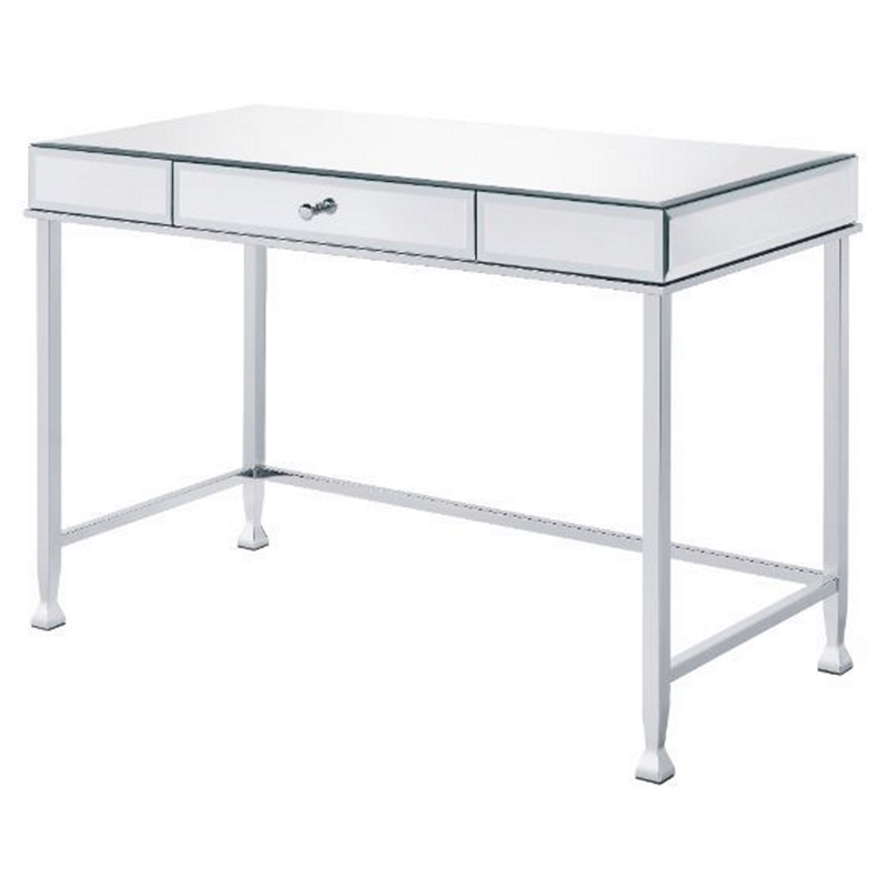 ACME Canine Rectangular Wood Top Writing Desk in Mirrored and Chrome