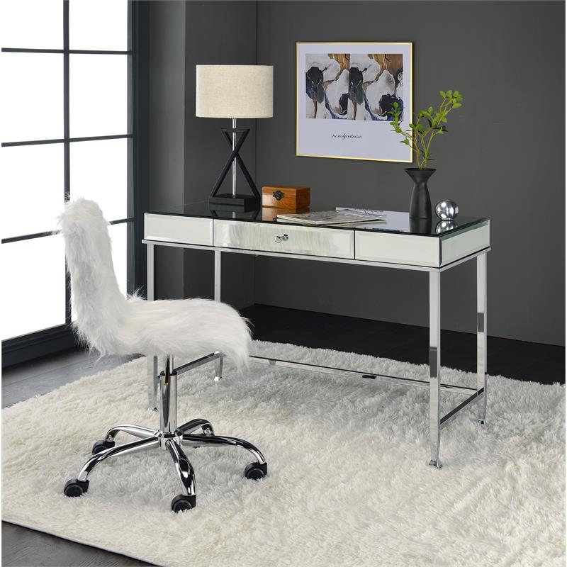 ACME Canine Rectangular Wood Top Writing Desk in Mirrored and Chrome