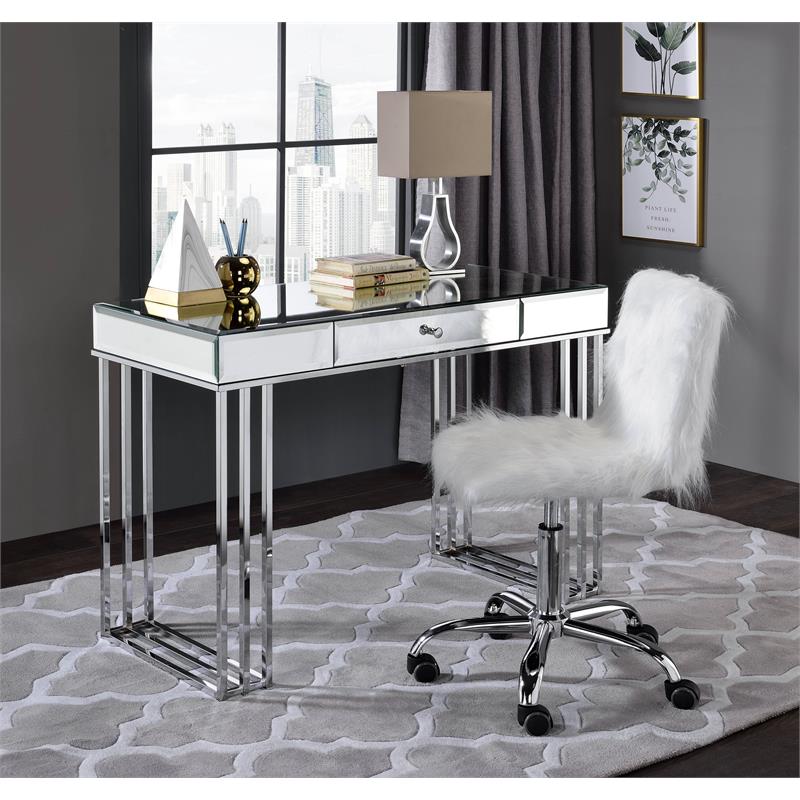 ACME Critter 1-Drawer Writing Desk with Metal Sled Base in Mirrored and Chrome