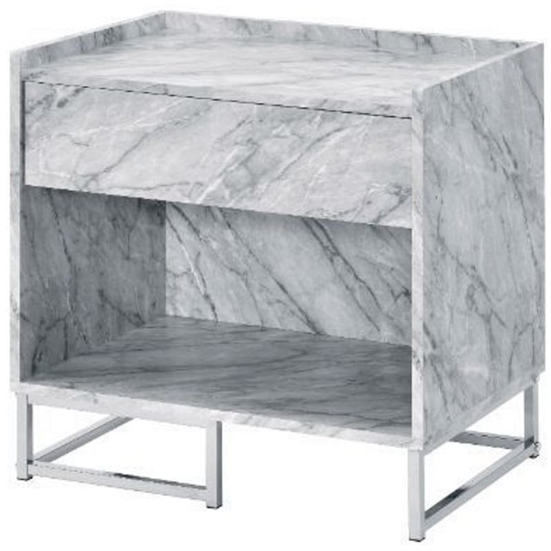 ACME Azrael Faux Marble Nightstand with Metal Base in White and Chrome