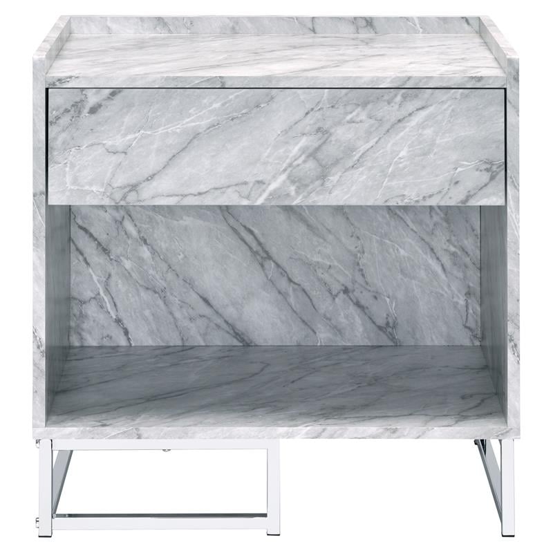 ACME Azrael Faux Marble Nightstand with Metal Base in White and Chrome