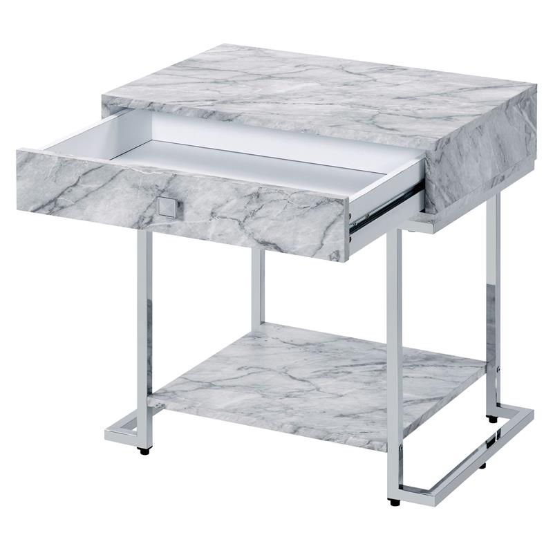 ACME Wither Faux Marble 1-Drawer Nightstand with Metal Base in White and Chrome