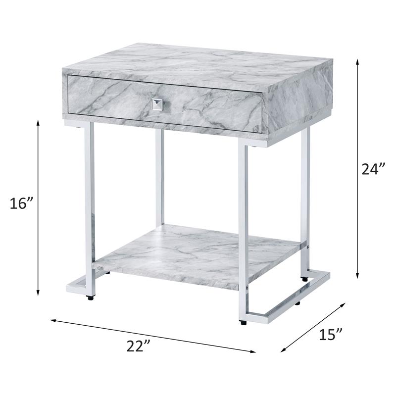 ACME Wither Faux Marble 1-Drawer Nightstand with Metal Base in White and Chrome