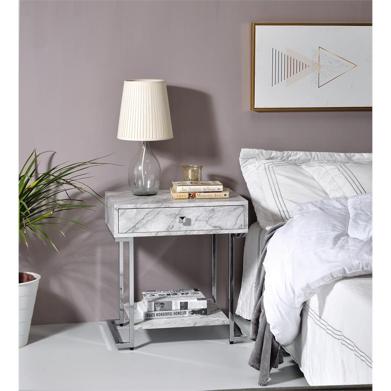 ACME Wither Faux Marble 1-Drawer Nightstand with Metal Base in White and Chrome
