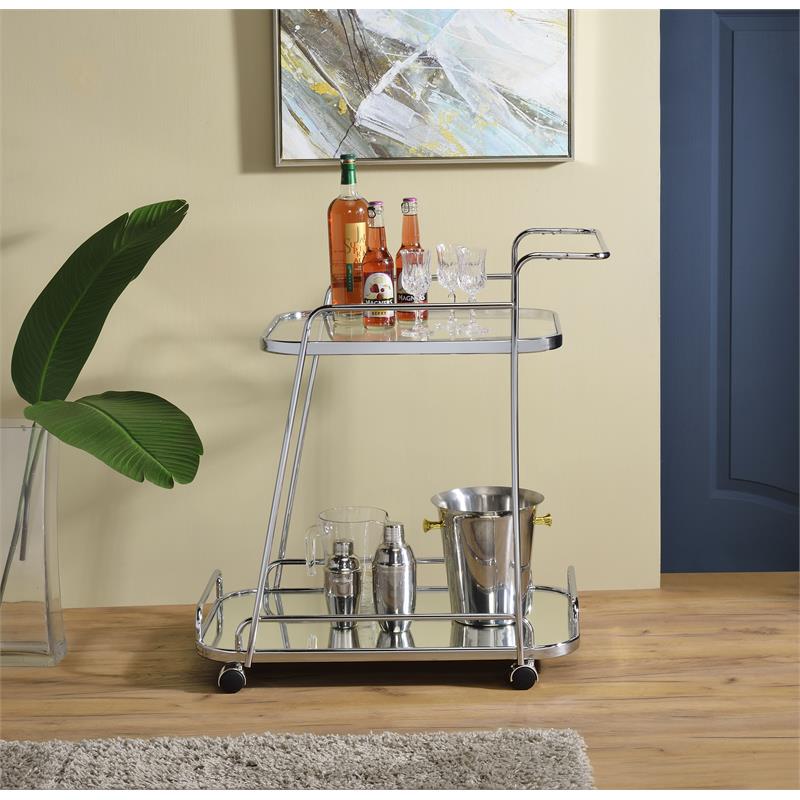 ACME Aegis 2 Glass Tier ShelvesServing Cart with Wheels in Clear and Chrome
