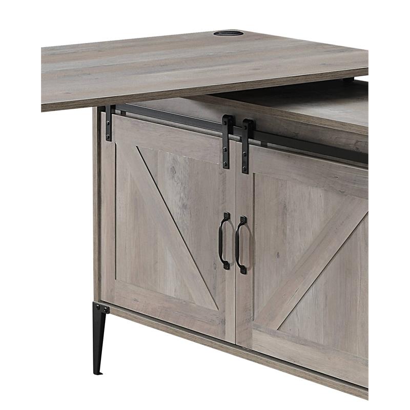ACME Zakwani Wooden Storage Writing Desk with 2 Barn Doors in Gray Oak and Black