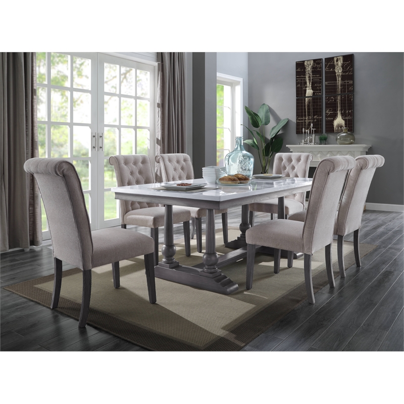 ACME Yabeina Rectangular Marble Top Trestle Dining Table in White and Gray Oak