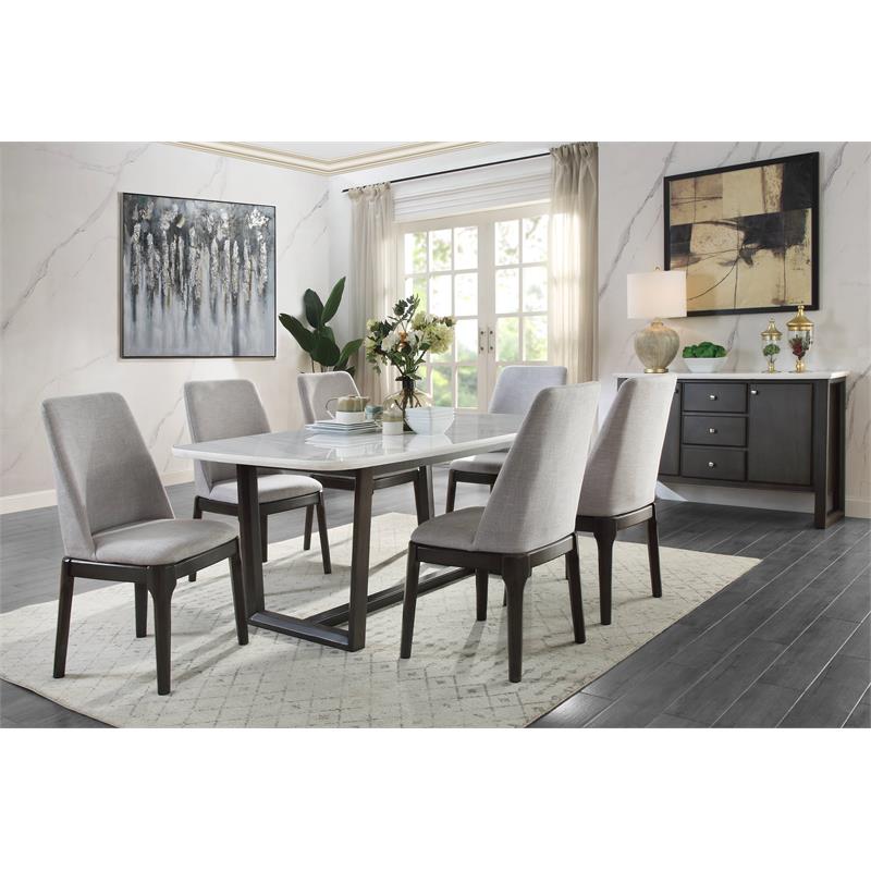 ACME Madan Marble Top Dining Table with Trestle Base in White and Gray Oak