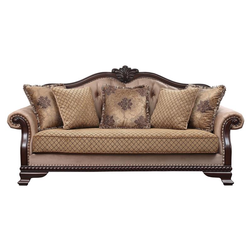 ACME Chateau De Ville Fabric Tufted Sofa with 5 Pillows in Espresso